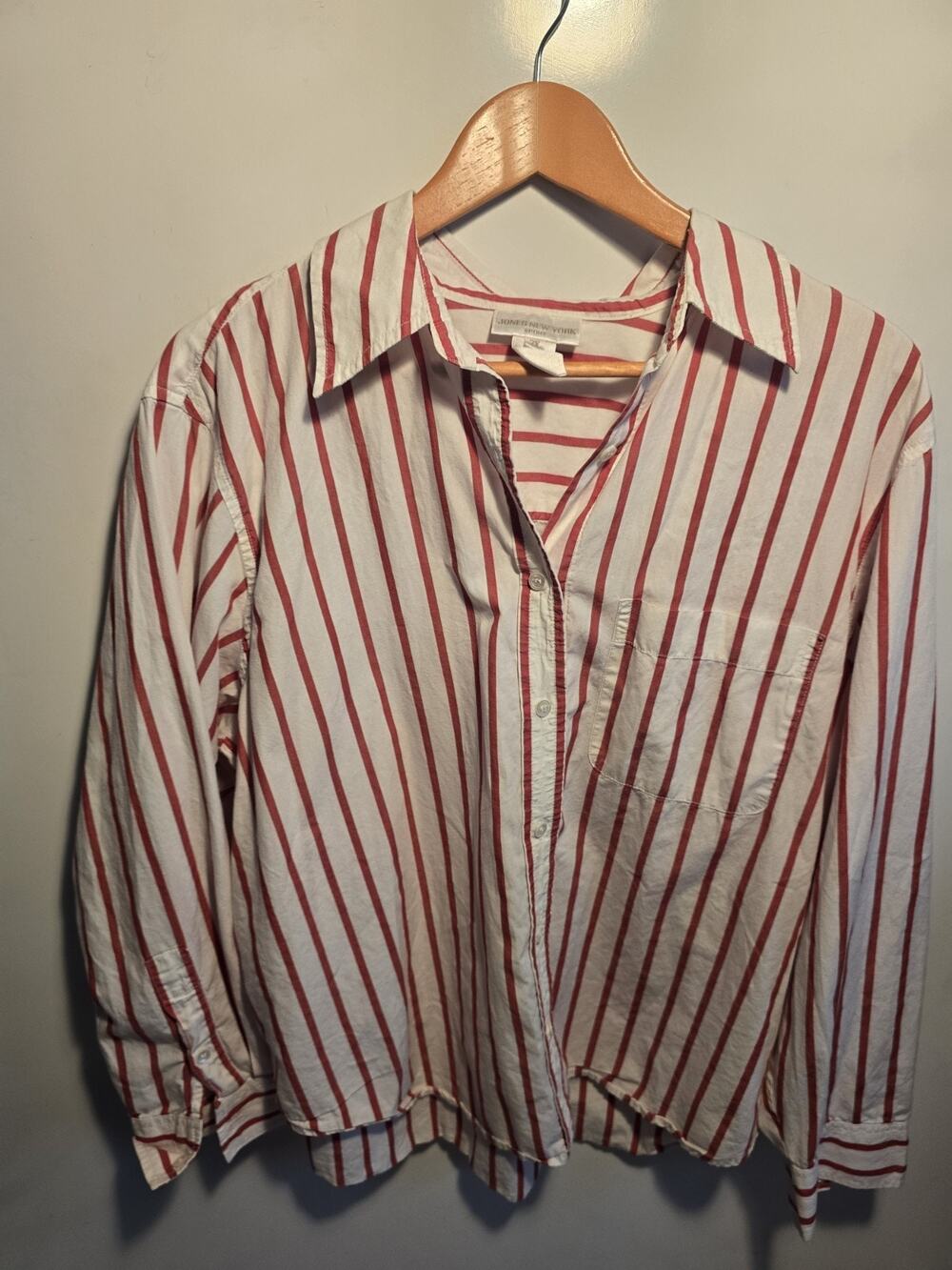 Jones New York Sport White Red Stripe Button Down Shirt 2XL Preppy Nautical boxy